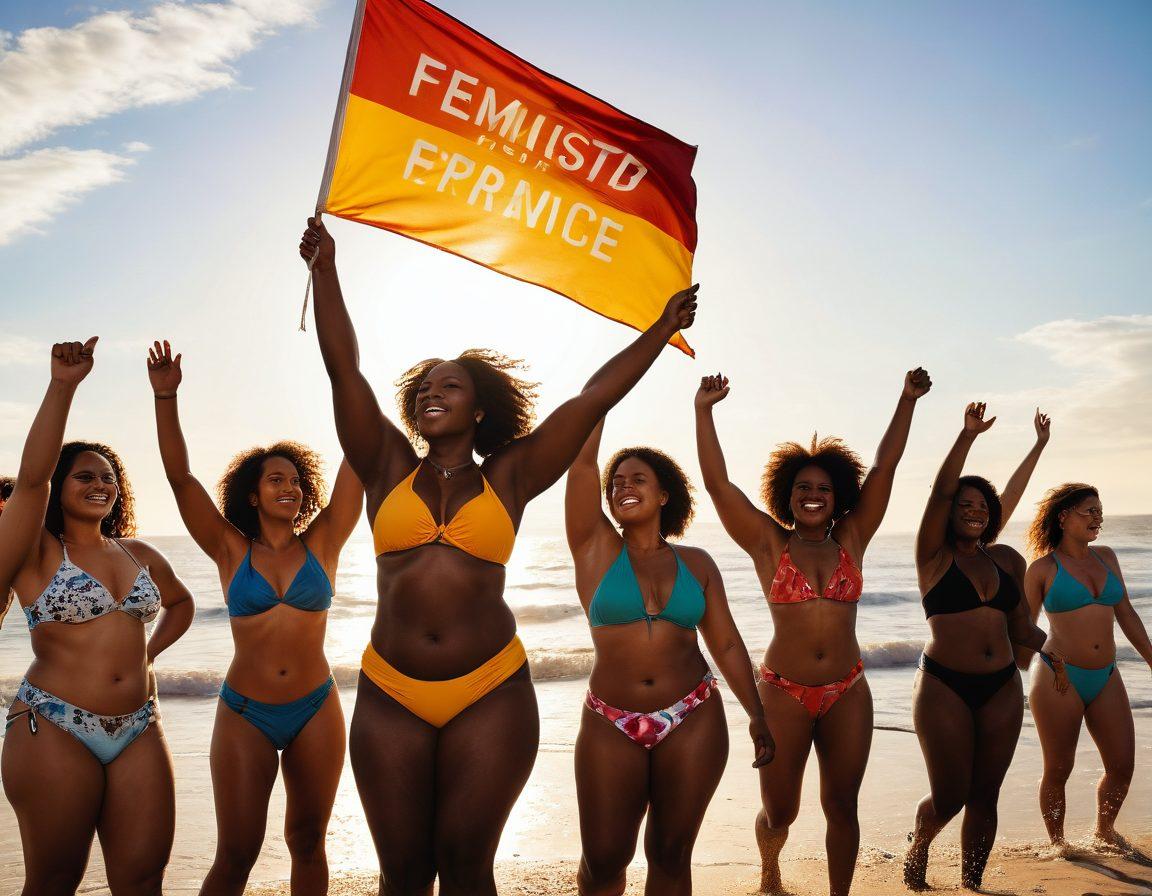 A powerful juxtaposition of a historical feminist rally with diverse women of different ethnicities holding signs advocating for body positivity and freedom of choice, transitioning into modern beachgoers confidently wearing bikinis, symbolizing empowerment and acceptance. The background features a sunny beach, waves crashing, and a silhouette of a protest banner fading into the sky. Bright, bold colors enhance the sense of celebration and empowerment. super-realistic. vibrant colors. sunny background.